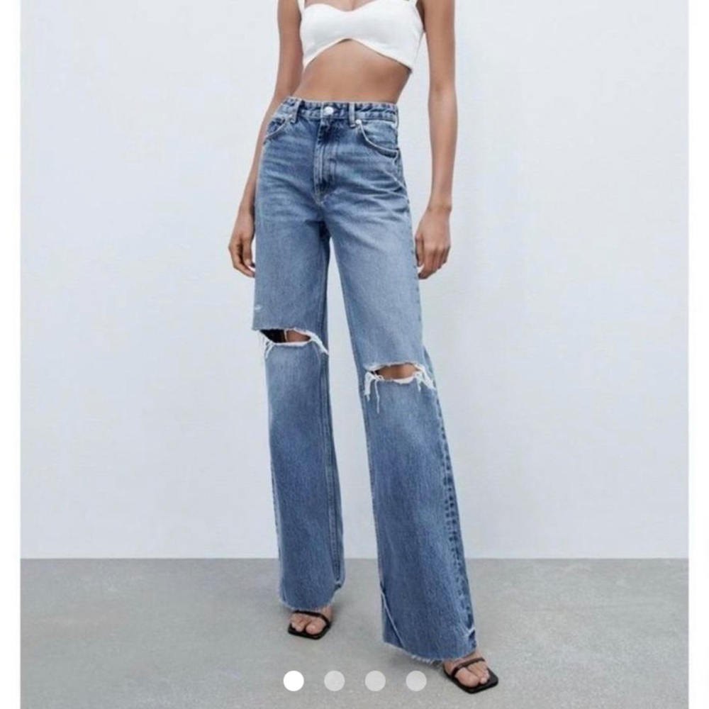 Zara High Waisted Wide Leg Mid-Wash Blue Distressed Jeans